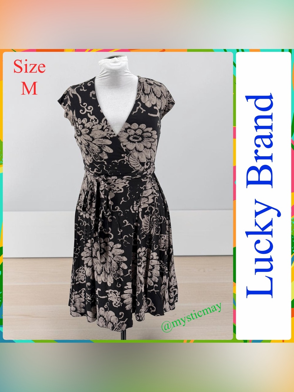 LUCKY BRAND Black Beige Floral Cap Sleeve Jersey Wrap Dress with Tie Belt Size M